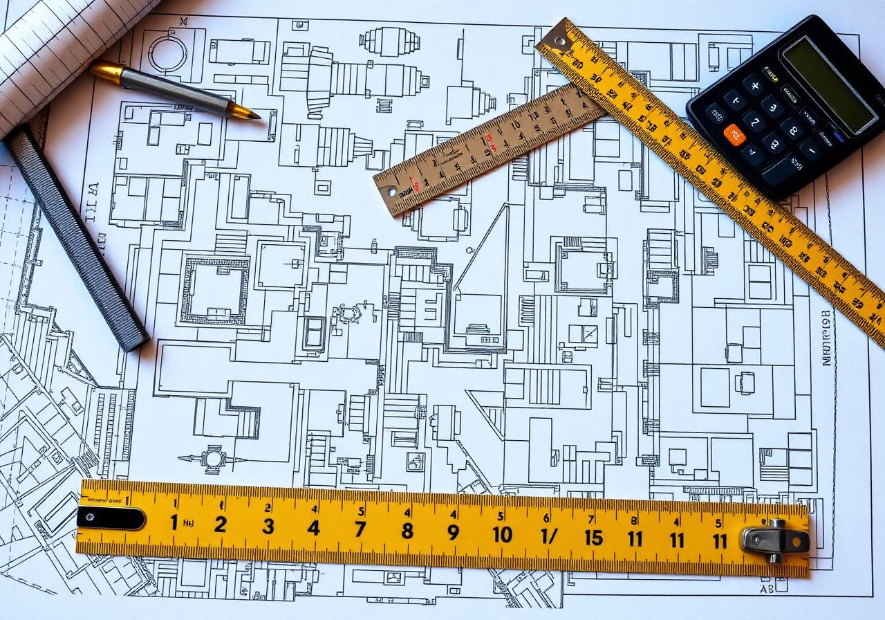 Engineering drawings, ruler, and calculator on a working desk