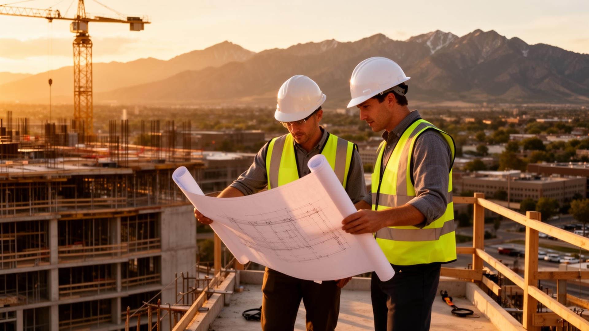 Engineers reviewing blueprints on a Denver construction site